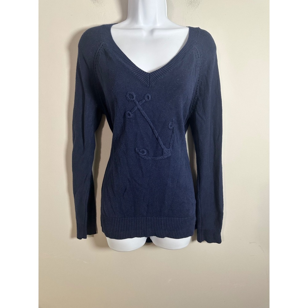 Lilly Pulitzer Womens Navy Blue Cotton Anchor Embroidered V-Neck Sweater Large
